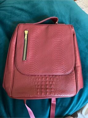 Tote&Carry Faux-Croc Textured Backpack in Deep Red/Wine - Women's Everyday Bag